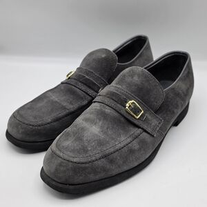 Hush Puppies Men's Gray Suede Penny Loafers with Gold Buckle